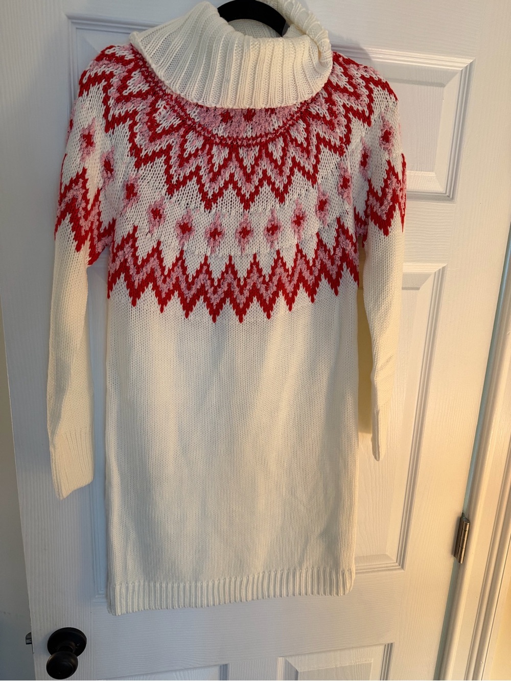 Francesca’s Women's Cream Turtleneck Sweater Dress with Red Fair Isle Yoke
